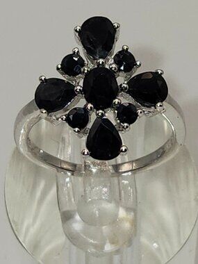 .925 Sterling Black Sapphire Ring Floral Design Size 6.5 Value $550